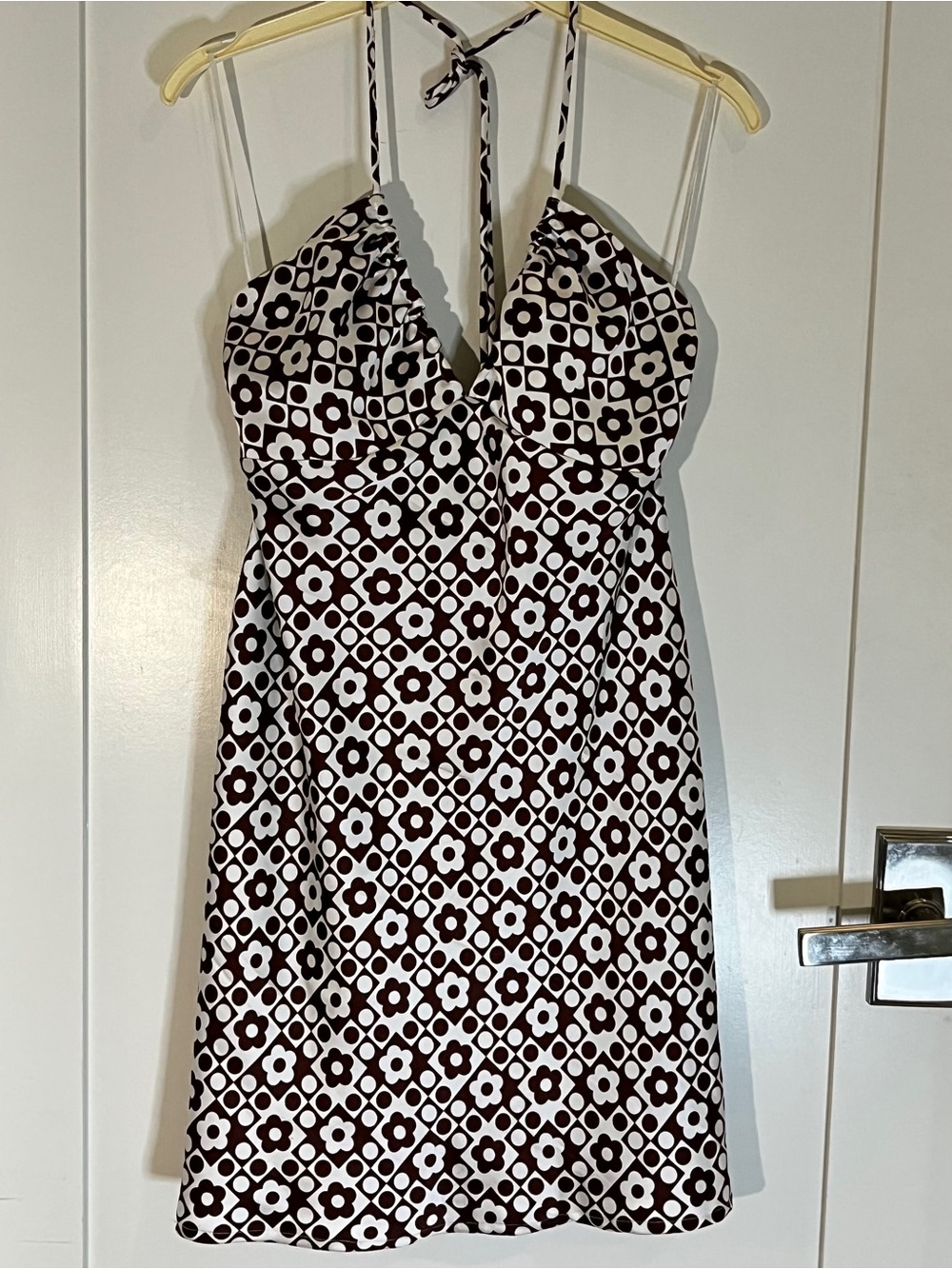 Garage Brown and White Floral Retro V-Neck Halter Dress. Size Small.